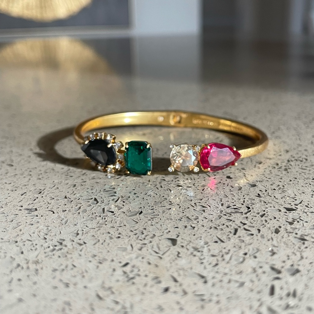 Kate Spade Gold Hinged Bangle Large Prong Set Faceted Multi Color Stones